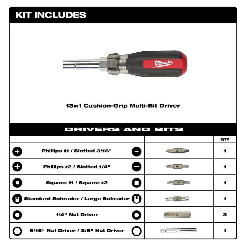 Milwaukee Destornillador con Punta Múltiple de 13 en 1 con Grip Acolchonado y Puntas Schrader (Paquete de 2) - 48-22-2881-48-22-2881.
