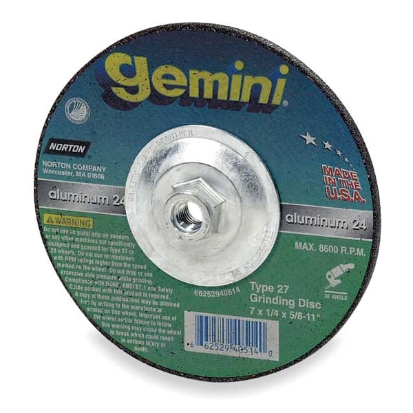 Ruedas de Centro Deprimido Norton Abrasives, Tipo 27, 7 pulgadas de diámetro, 0.25 pulgadas de grosor, tamaño de orificio del eje de 5/8"-11, óxido de aluminio - 66252940514