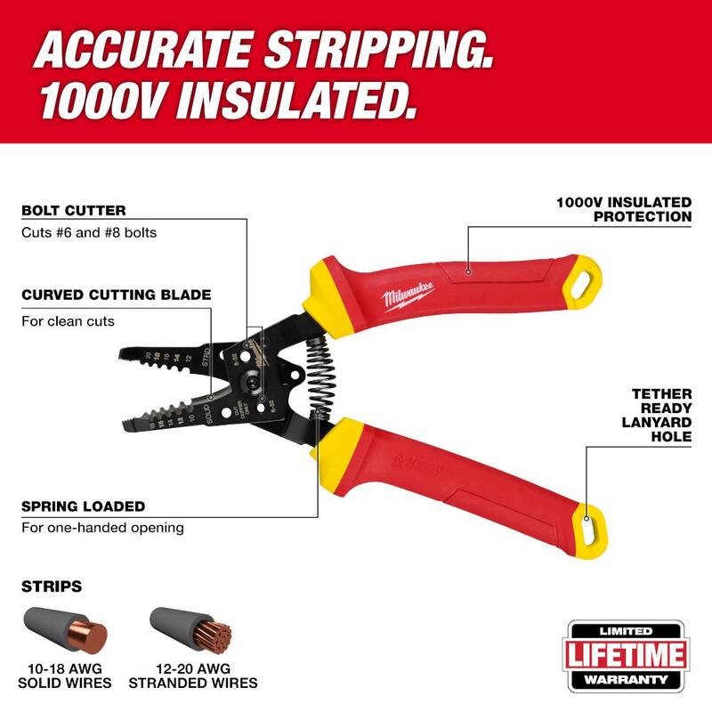 Destornillador multibrote Milwaukee 13-en-1 con mango acolchado y aislamiento de 1000V. Pelacables y cortador de alambres de 10-20 AWG (2 piezas) - 48-22-2880-48-22-2214