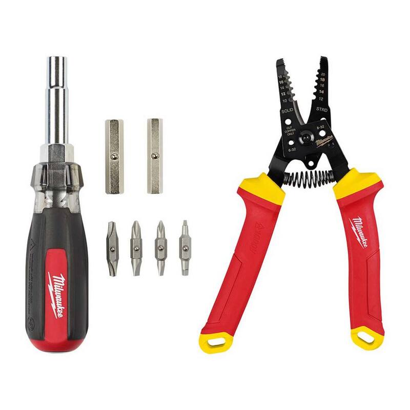 Destornillador multibrote Milwaukee 13-en-1 con mango acolchado y aislamiento de 1000V. Pelacables y cortador de alambres de 10-20 AWG (2 piezas) - 48-22-2880-48-22-2214