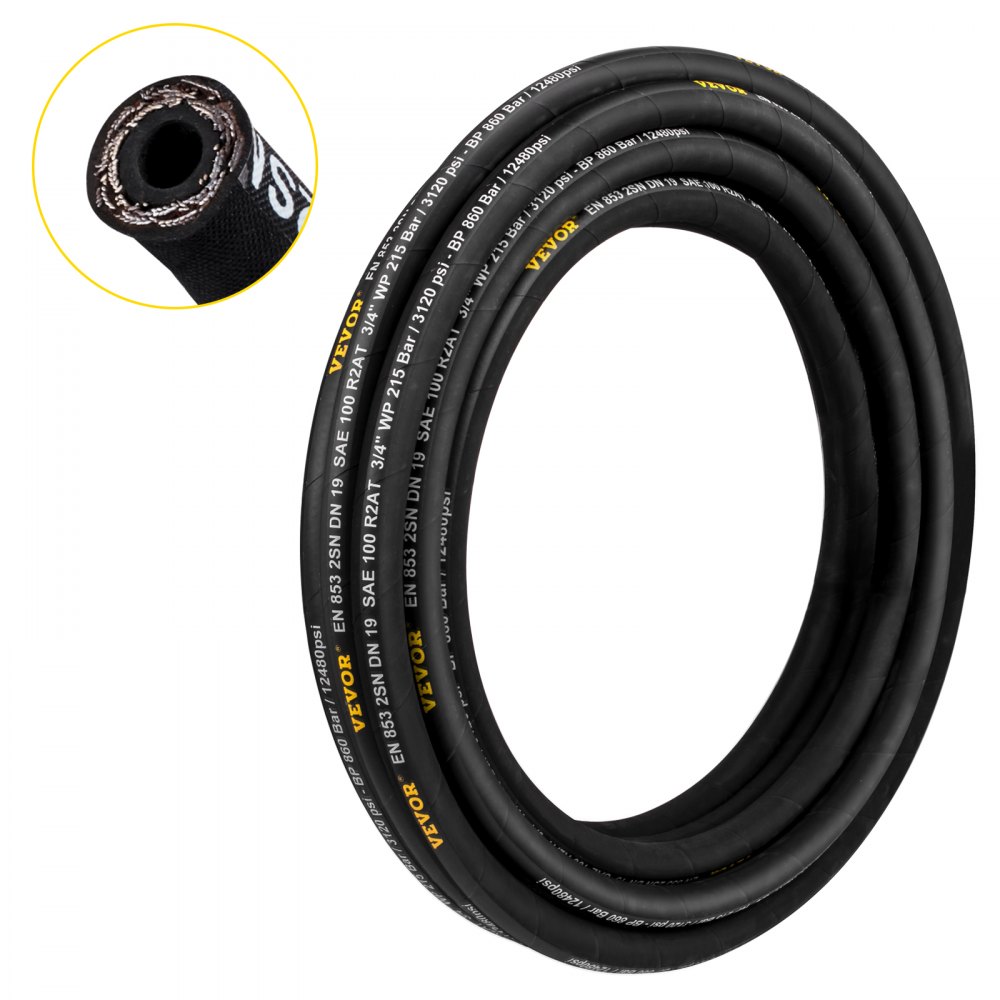 VEVOR Hydraulic Hose 1/4 inch x 100 ft, Coiled Hydraulic Hose 5800 PSI, Rubber Hydraulic Hose with 2 High-Tensile Steel Wire Braid, Bulk Hydraulic Hose -20℃ to 140℃, Hydraulic Oil Flexible Hose - YG100FT1-4-580001V0