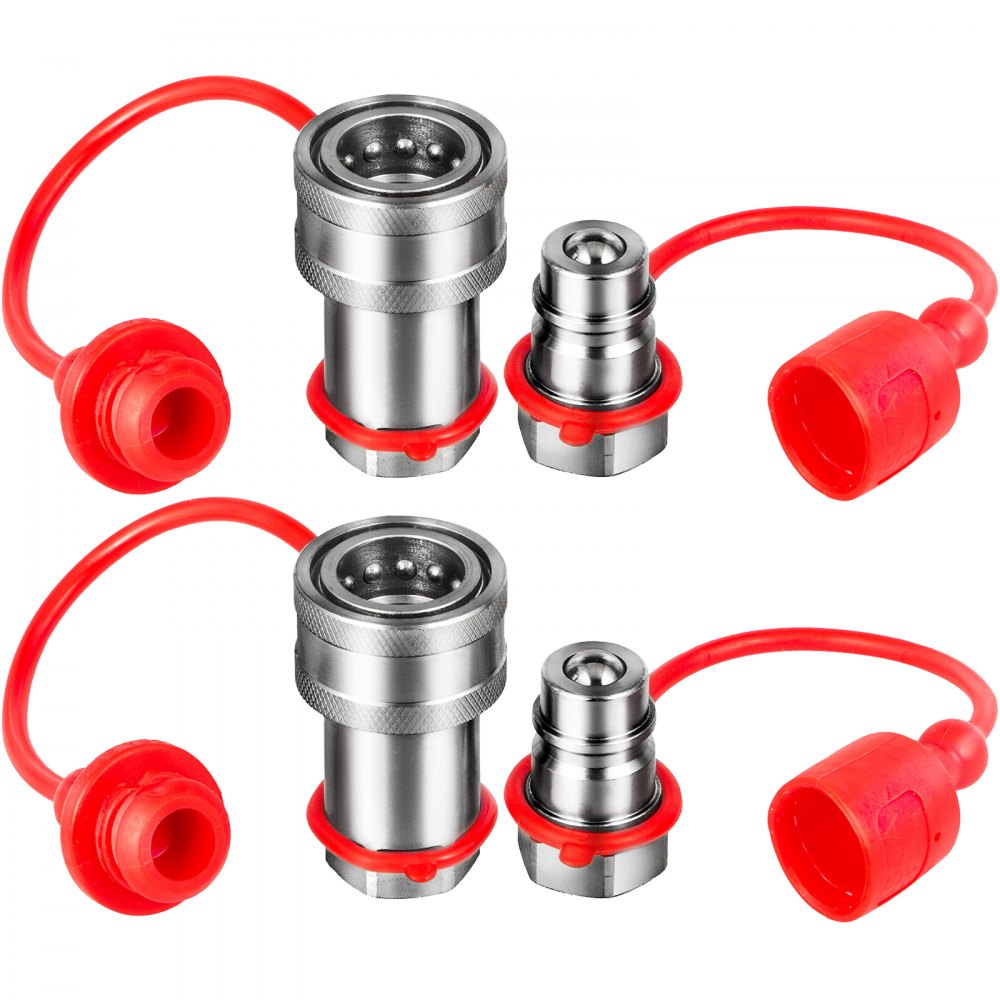VEVOR Spherical Face Hydraulic Couplers 1/4" Body 1/4" NPT Thread, Skid Steer Quick Connect Couplings, 5076 PSI Hydraulic Fittings, 2 Sets Hydraulic Couplers w/Dust Caps for Bobcat Case, Kubota - YYJT14N14B2DZ7501V0
