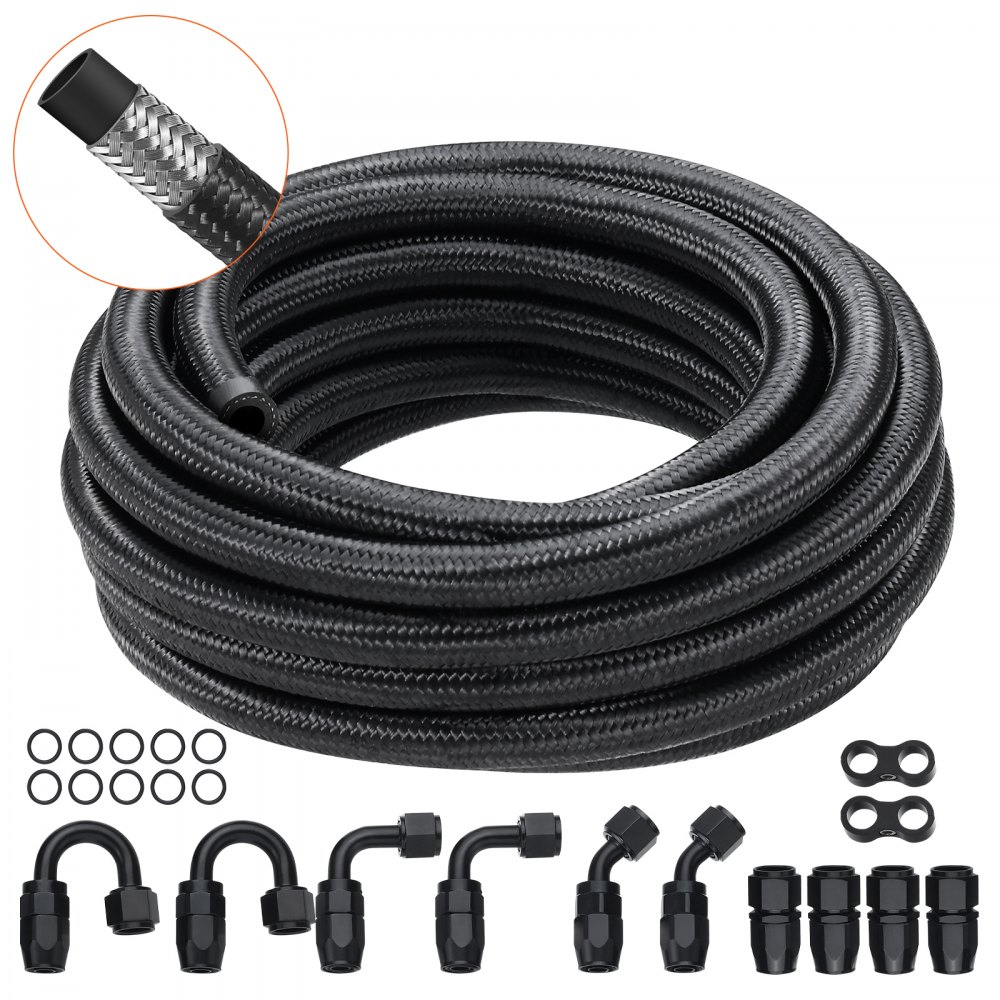 VEVOR 6AN Fuel Line Kit, 20 FT Fuel Hose Kit, 0.34" Nylon Stainless Steel Braided Fuel Line Oil/Gas/Diesel Hose End Fitting Kit, with 12 PCS Swivel Fitting Adapter Kit, Black - QCYYRYRGNLBZSYIKSV0
