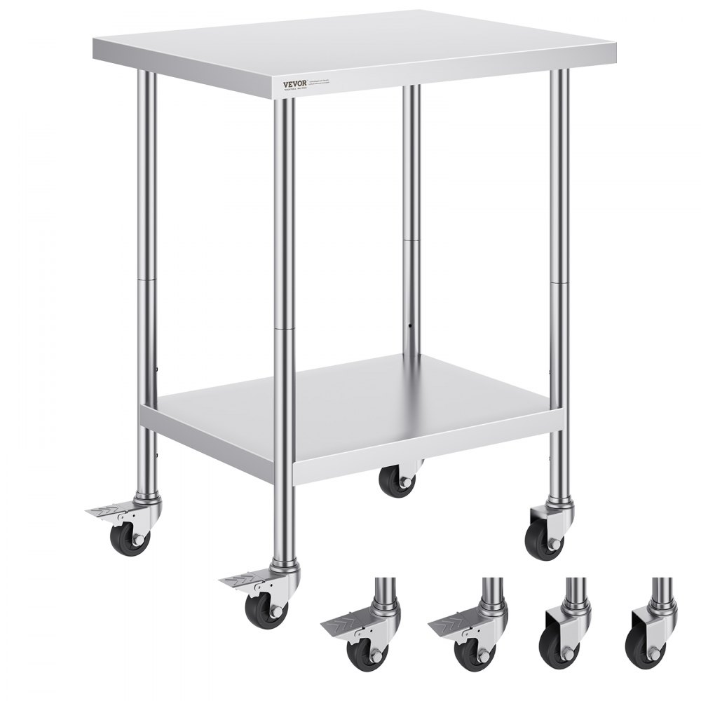 VEVOR Stainless Steel Work Table 24 x 30 x 38 Inch, with 4 Wheels, 3 Adjustable Height Levels, Heavy Duty Food Prep Worktable for Commercial Kitchen Restaurant, Silver - CFBXGGZTLCDJJ9OZ0V0