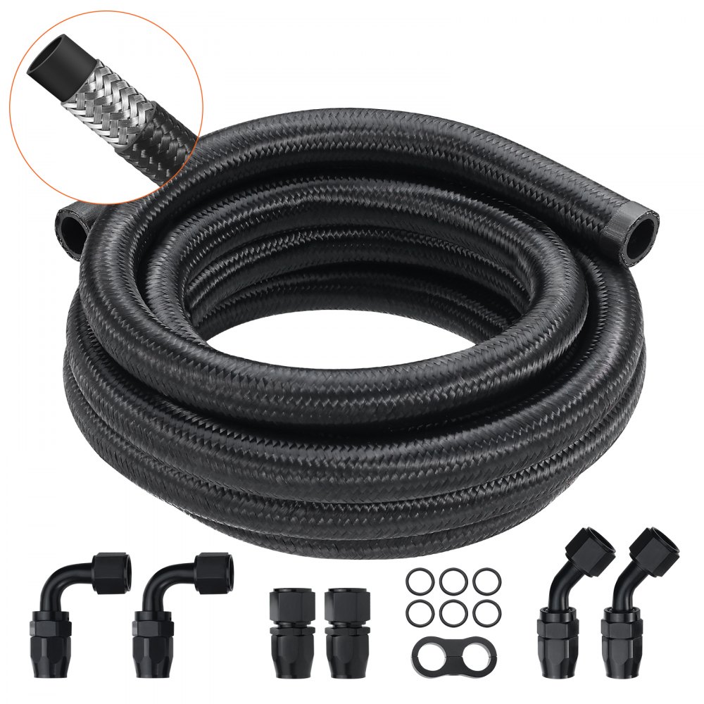 VEVOR 10AN Fuel Line Kit, 10 FT Fuel Hose Kit, 0.55" Nylon Stainless Steel Braided Fuel Line Oil/Gas/Diesel Hose End Fitting Kit, with 7 PCS Swivel Fitting Adapter Kit, Black - QCYYRYRG7G200XFFSV0