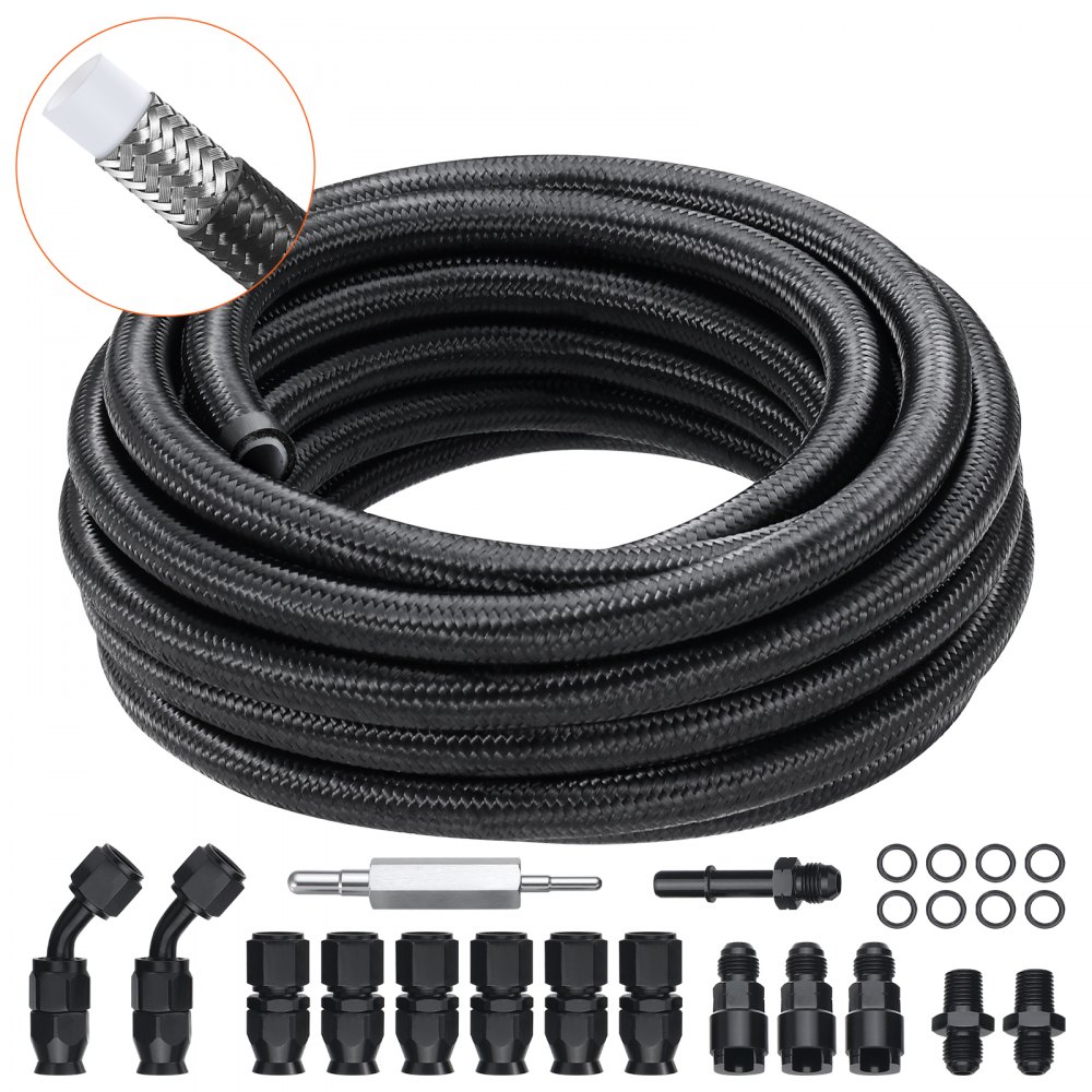 VEVOR 6AN Fuel Line Kit, 25 FT Fuel Hose Kit, 5/16" Nylon Stainless Steel Braided PTFE Fuel Line Kit, E85/Oil/Gas/Diesel Hose End Fitting Kit, with 15 PCS Swivel Fitting Adapter Kit, Black - QCYYRYRG15G26J9HMV0