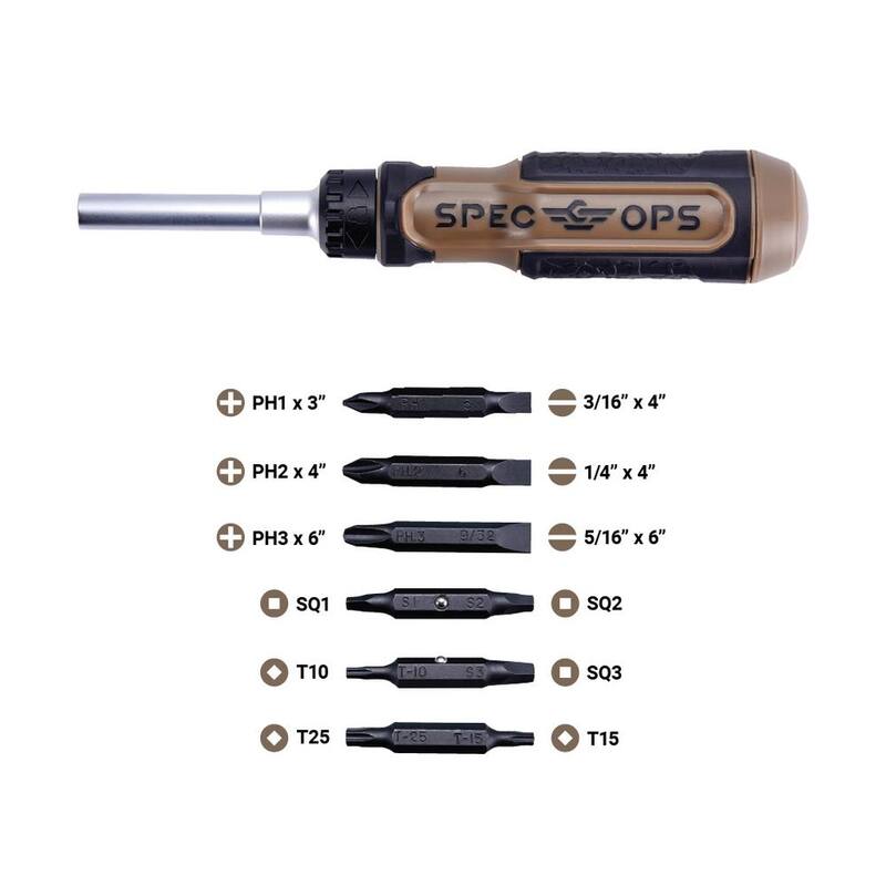 Destornillador de trinquete SPEC OPS, 12 pulgadas 1, incluye 6 puntas de acero S2 de doble cara, magnético, eje de acero Cr-Mo - SPEC-SRM-1
