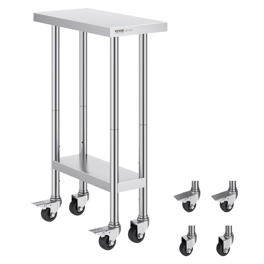 VEVOR Stainless Steel Work Table 24 x 12 x 38 Inch, with 4 Wheels, 3 Adjustable Height Levels, Heavy Duty Food Prep Worktable for Commercial Kitchen Restaurant, Silver - CFBXGGZTLCDJQKFIFV0
