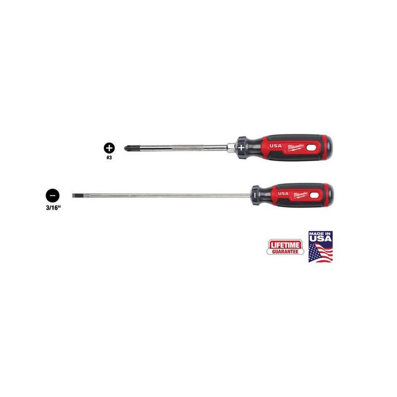 Milwaukee 6 pulgadas Destornillador Phillips No. 3 con Agarre Acolchado y 8 pulgadas Destornillador de Gabinete 3/16 con Agarre Acolchado - MT203-MT213