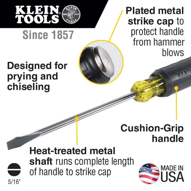 Klein Tools. Destornillador de demolición de cabeza plana con punta tipo Keystone de 5/16 pulg. con mango redondo de 6 pulg. - 602-7DD