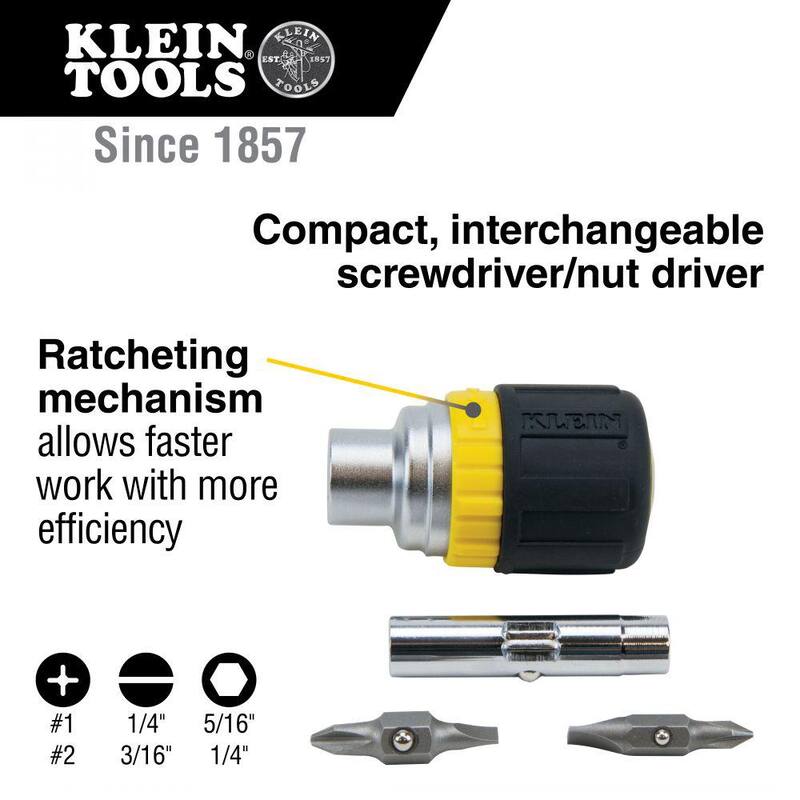 Herramienta de 6 en 1 con mango de agarre acolchonado y trinquete - Destornillador corto de Klein Tools - 32593