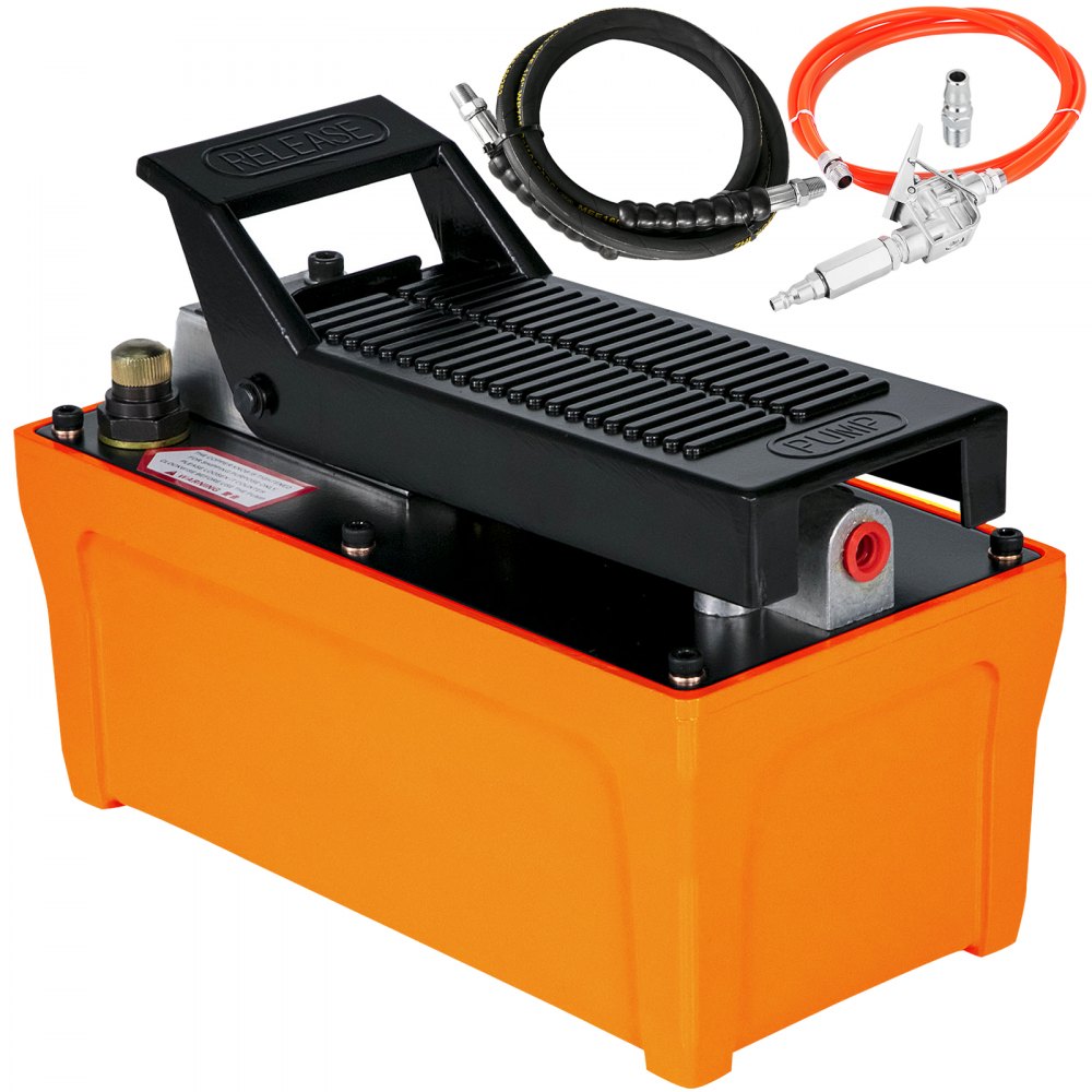 VEVOR Air Hydraulic Pump 10000 PSI Air Over Hydraulic Pump 1/2 Gal Reservoir Air Treadle Foot Actuated Hydraulic Pump 3/8" NPT with 4.1 ft Hose 2 Connector Single Acting for Car Repair, Orange (Pump Comes Without Oil) - QDJTYYBJPQTZ00001V0