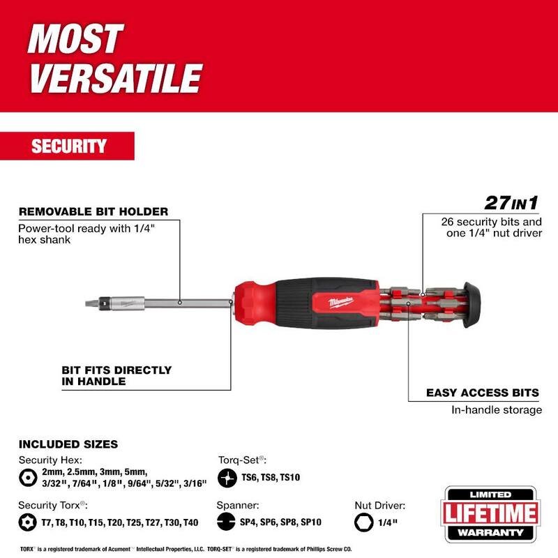 Desarmador multifuncional de 27 puntas Milwaukee 27-en-1 con desarmador de seguridad con trinquete de 27 en 1 - 48-22-2911-48-22-2912