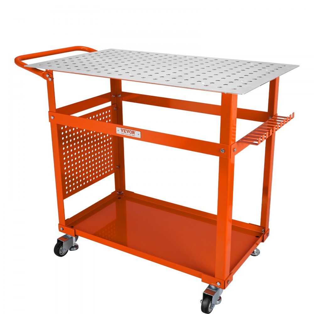 VEVOR Welding Table 36 x 24-inch, 600LBS Load Capacity Steel Welding Workbench Table on Wheels, Portable Work Bench with Double-Layer Storage Board, 5/8-inch Fixture Holes, 11 Hooks - KYDHZW600LB36M9LBV0