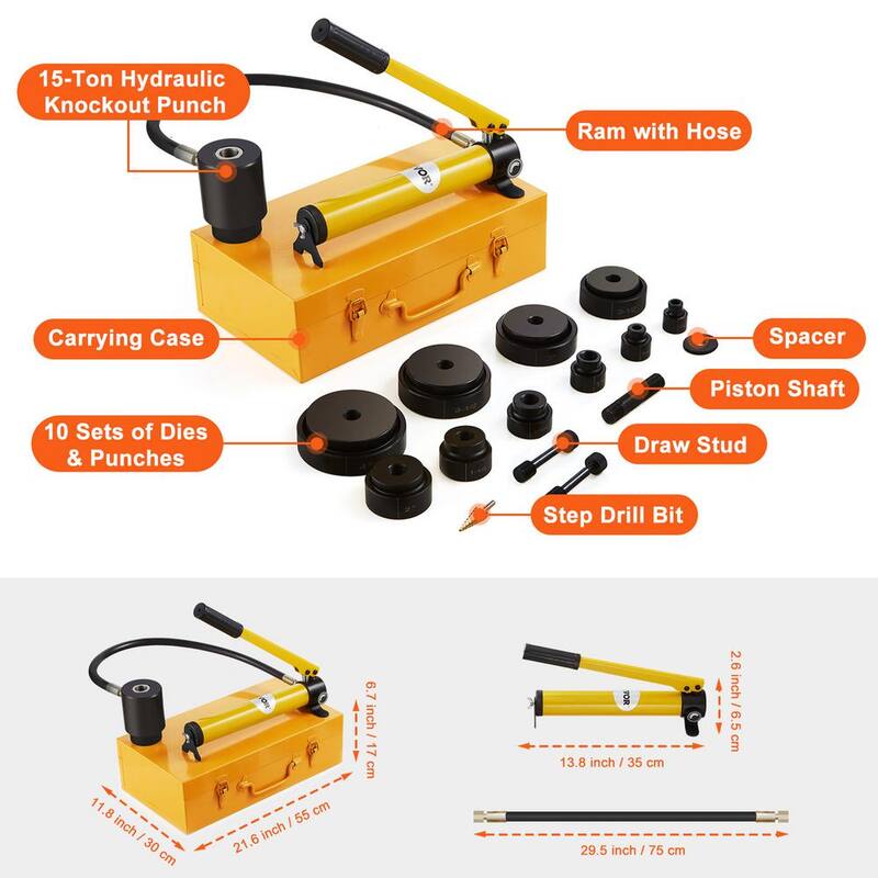 Kit de perforación hidráulica VEVOR, 15 toneladas 1/2 pulgada a 4 pulgadas. Juego de cortadores de agujeros de conducción, KO Tool Kits - SD15T240CR2MM8SYBV0-0613