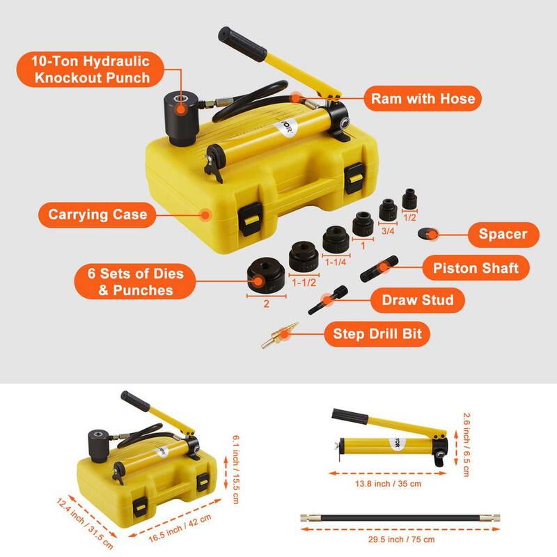 Kit de conductor de punzón hidráulico de 10 toneladas con herramienta de perforación de agujeros de 1/2 a 2 pulgadas y 6 matrices - S10T240CR16MM3UYFV0