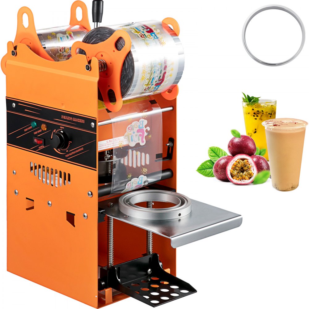 VEVOR Manual Tea Cup Sealer Machine, 300-500 Cup/h Manual Boba Tea Sealer Machine, Orange, 90/95mm Cup Diameter Cup Sealing Machine with Heating Technology for Bubble Milk Tea - NFWY-802K110V2HKMV1