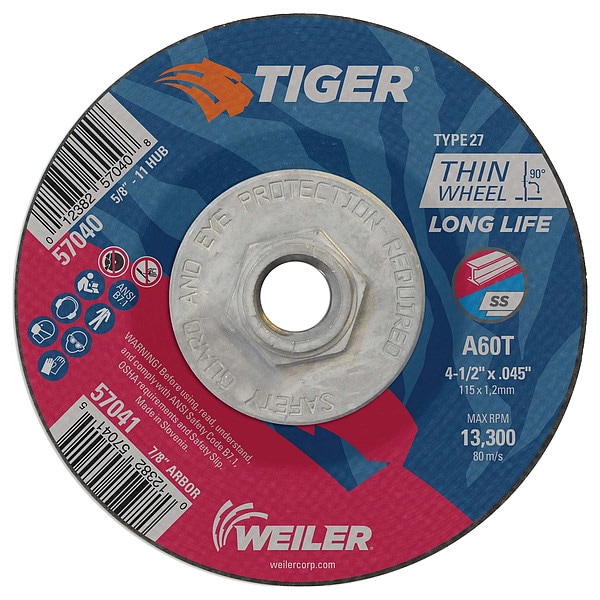 Rueda de corte tipo 27 Tigre AO de 4-1/2" x.045" A60T con tuerca de 5/8"-11 - 57040