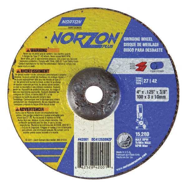 Ruedas de centro deprimido Norton Abrasivos, Tipo 27, 4 pulgadas de diámetro, 0.125 pulgadas de grosor, tamaño de agujero de eje de 3/8 pulgadas, Cerámica - 66252842001.