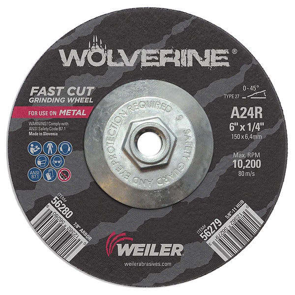 Rueda de rectificado tipo 27 Weiler 6"x1/4" Wolverine A24R con tuerca 5/8"-11 - 56279