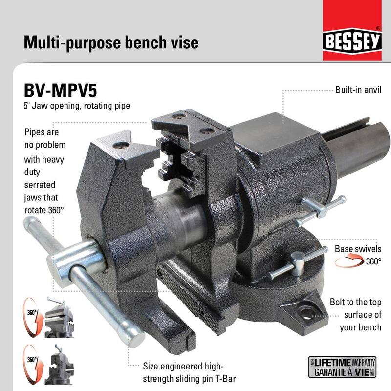 BESSEY 5 in. Tornillo de Banco Giratorio de Uso Múltiple para Tubos con Base Giratoria - BV-MPV5
