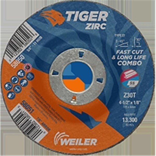 Weiler 804-58051 4.5 x 0.12 pulgadas. Rueda combo de corte - esmerilado tipo 27 Tiger Zirc; Z30T - 0.87 pulgadas A.H; Paquete de 25 - 804-58051.