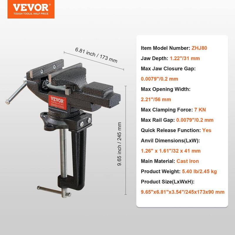 Tornillo de banco de banco VEVOR de 2.2 pulgadas con mordaza multifuncional con base giratoria de 360° para taller de carpintería y usos de bricolaje