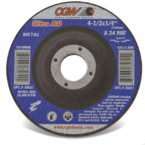 Rueda plana de centro deprimido Cgw Abrasivos, 4-1/2 pulgadas de diámetro x 1/8 pulgadas de grosor, agujero central de 7/8 pulgadas, grano 24, óxido de aluminio - 35612.