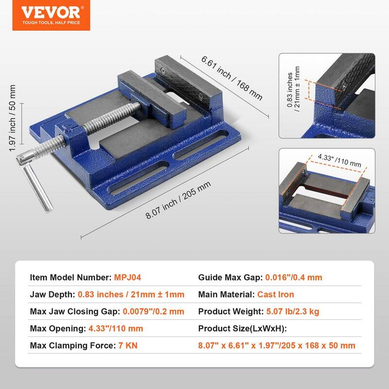 VEVOR Tornillo de Banco Taladro 4 pulgadas. Tornillo de Banco Resistente de perfil bajo de 6.6 pulgadas de ancho de mandíbula con apertura de 4.33 pulgadas para taladrar, fresar y trabajar la madera.