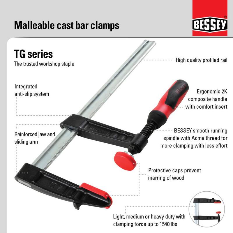 Sargento de barra de la serie TG de BESSEY de 24 pulgadas con mango de plástico compuesto y 4 pulgadas de profundidad de garganta - TG4.024+2K