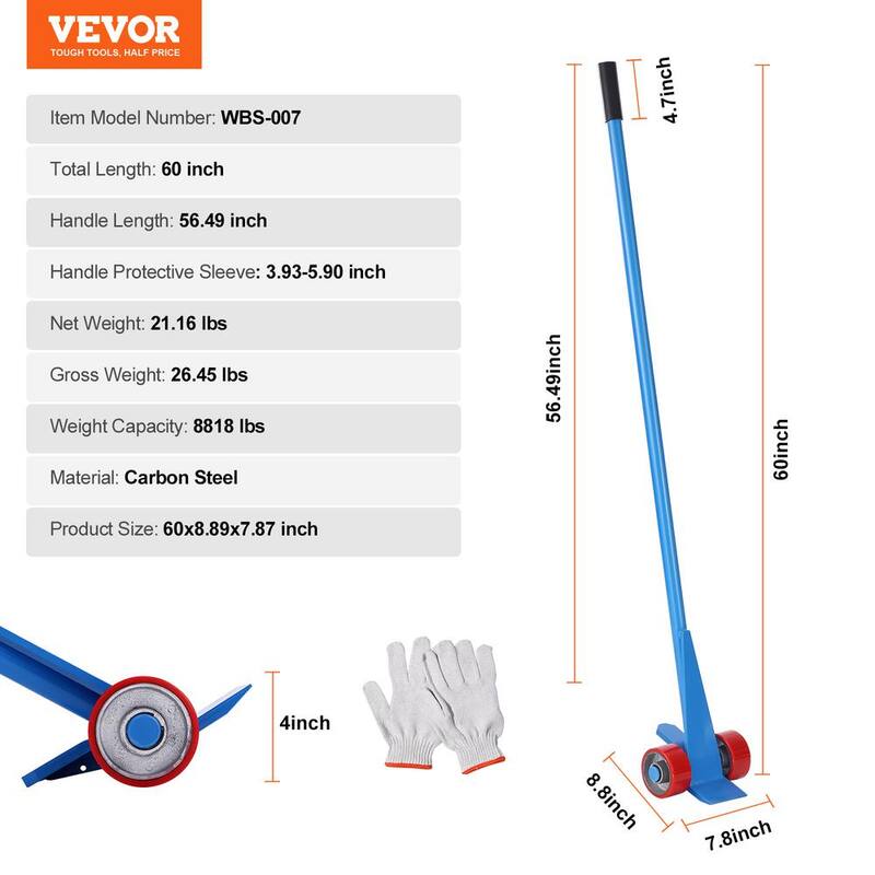 Barra de Palanca VEVOR Prylever de 60 pulgadas de mango con capacidad de peso de 8818 lbs. Barra de palanca resistente con ruedas de 4 pulgadas, color azul - QG6600IBS5INZ47P4V0.