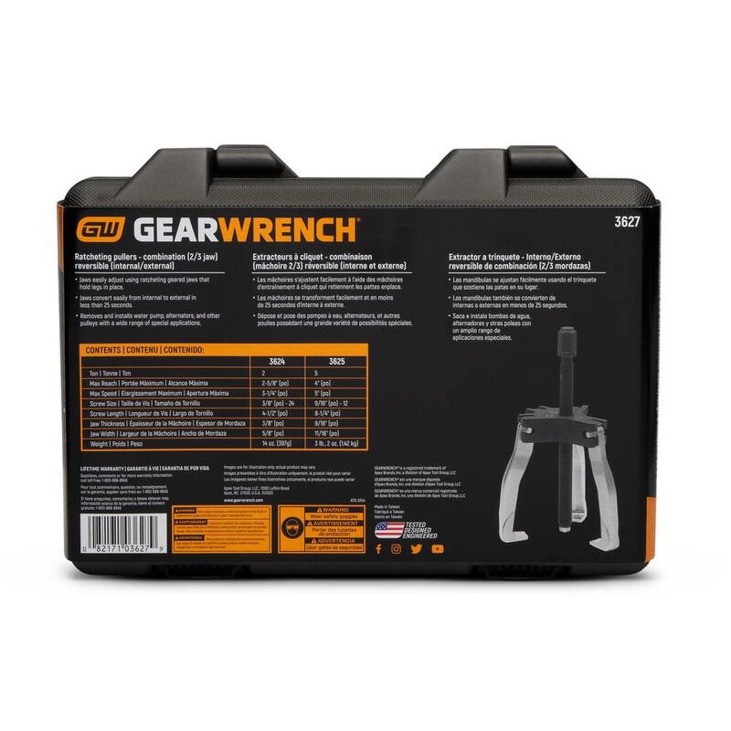 Juego de Extractores de 2 y 5 toneladas con Trinquete Interno/Externo de 2 o 3 Patas de GEARWRENCH con Estuche de Almacenamiento - 3627
