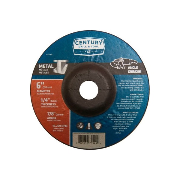 Rueda de esmerilado de centro deprimido Century Drill & Tool de Century Drill 6" x 7/8" Tipo 27 Oxido de Aluminio - 75549