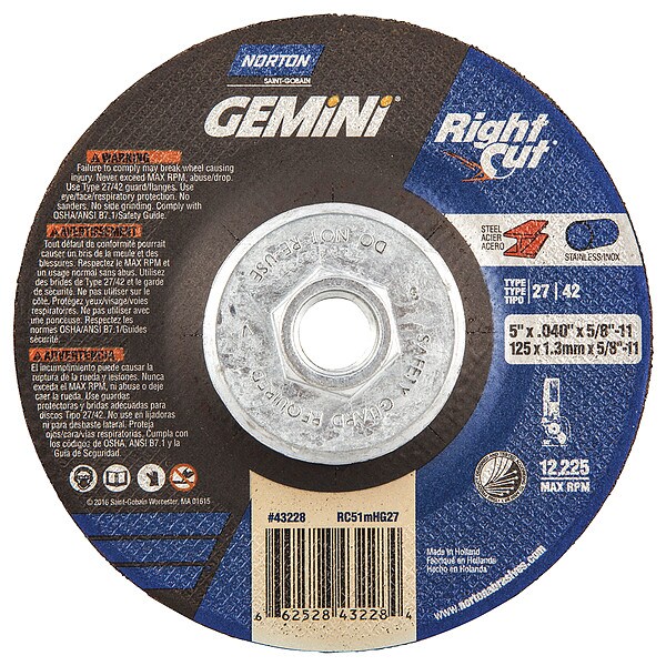 Muelas de Centro Deprimido Norton Abrasives, Tipo 27, 5 pulgadas de diámetro, 0.04 pulgadas de grosor, tamaño de orificio de árbol de 5/8"-11 - 66252843228