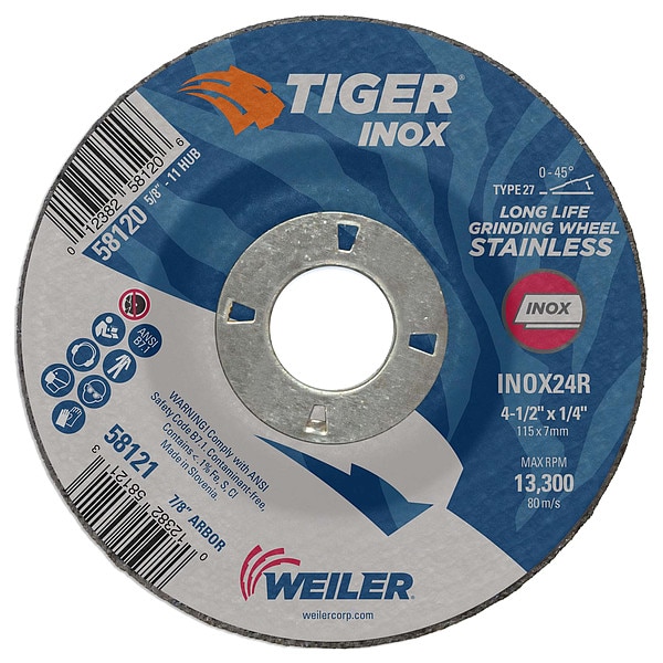 Tigre Inox 4-1/2"x1/4" Rueda de Rectificado tipo 27 INOX24R con Agujero de 7/8" - 58121