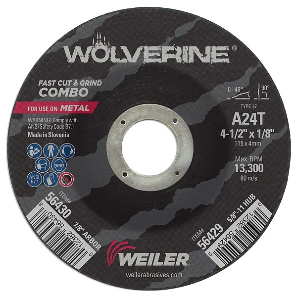 Rueda combinada de corte y esmerilado tipo 27 Wolverine de Weiler de 4-1/2"x1/8" A24T con agujero de 7/8" - 56430
