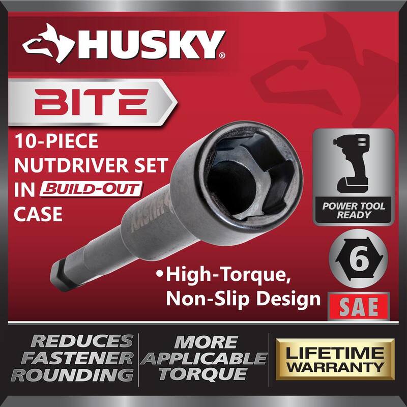 Juego de puntas intercambiables para tuercas de impacto Husky BITE SAE con mango de agarre acolchonado (10 piezas) - HBND10PCS