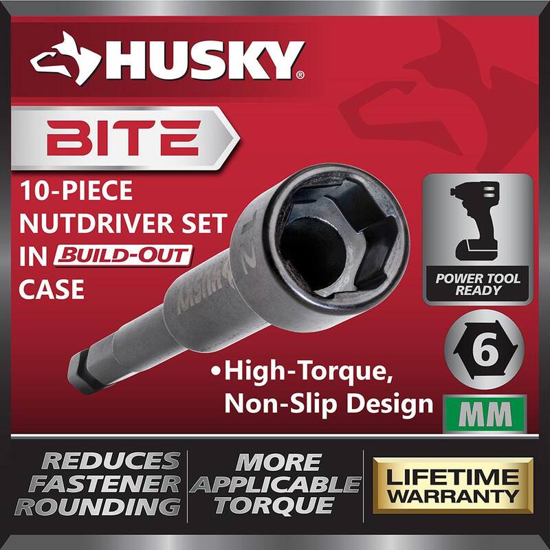 Juego de dados intercambiables Husky BITE métricos listos para impacto con mango de agarre acolchado (10 piezas) - HBND10PCM
