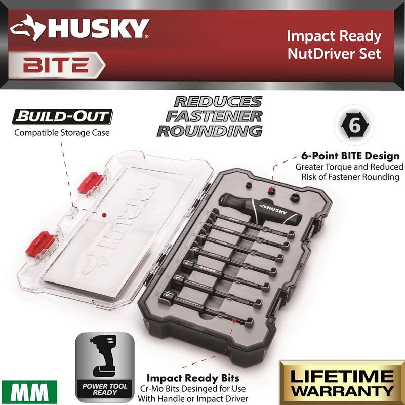 Juego de dados intercambiables Husky BITE métricos listos para impacto con mango de agarre acolchado (10 piezas) - HBND10PCM
