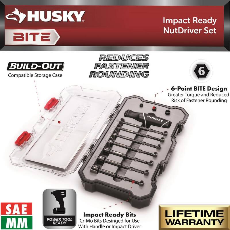 Juego de 20 piezas de destornilladores intercambiables Husky BITE SAE y métricos listos para impacto con mangos de agarre acolchado.