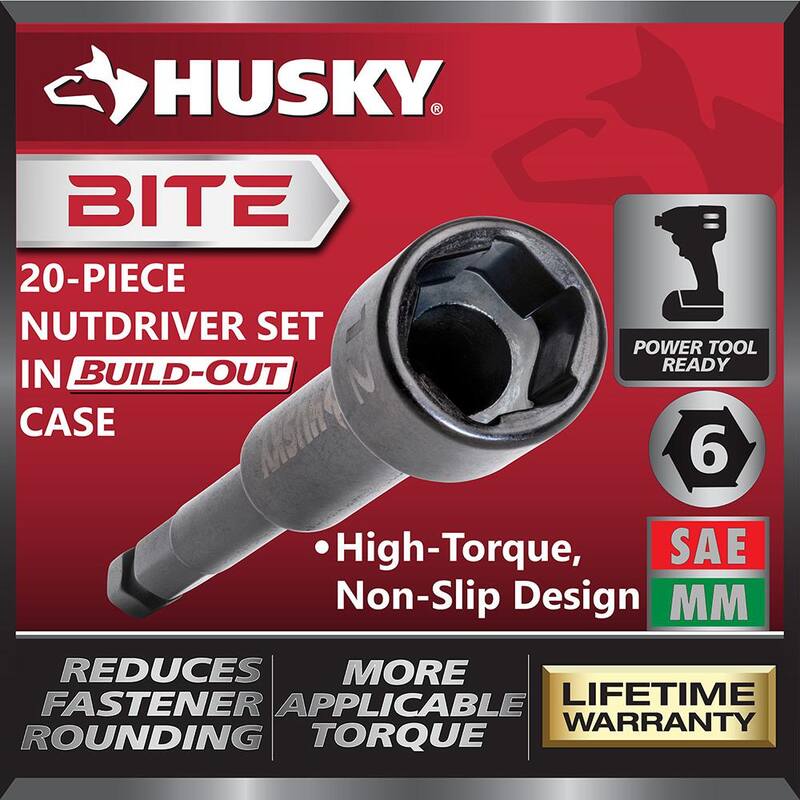 Juego de 20 piezas de destornilladores intercambiables Husky BITE SAE y métricos listos para impacto con mangos de agarre acolchado.