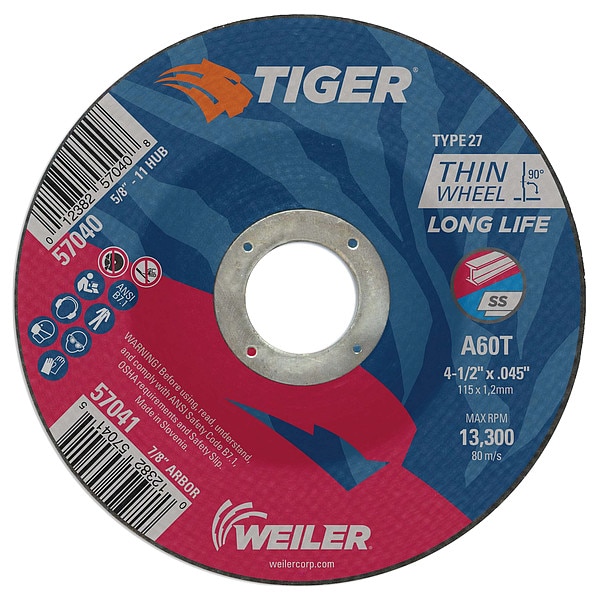 Rueda de corte tipo 27 Tiger AO de 4-1/2" x .045" A60T con agujero central de 7/8" - 57041