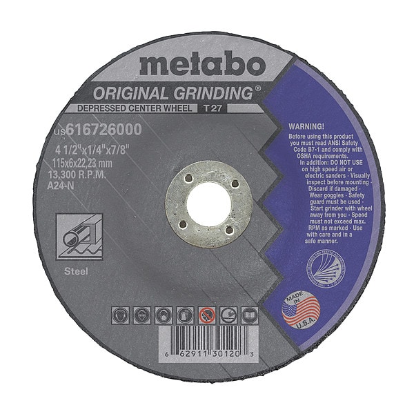 Rueda de rectificado Metabo, T27, A24N, 4.5"X1/4"X7/8" - US616726000
