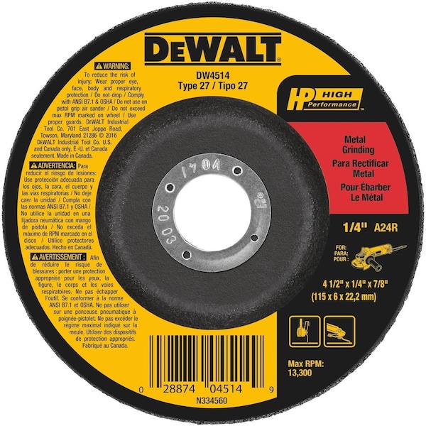 Rueda de esmeril Dewalt, 4-1/2X1/4X7/8 Metal Fast Cut Dcw - DW4514Z