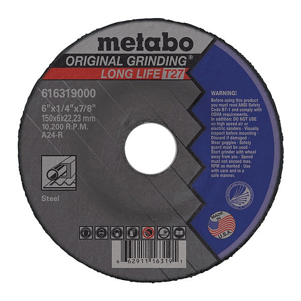 Rueda de rectificado Metabo, T27, A24R, 6"X1/4"X7/8" - 616319000