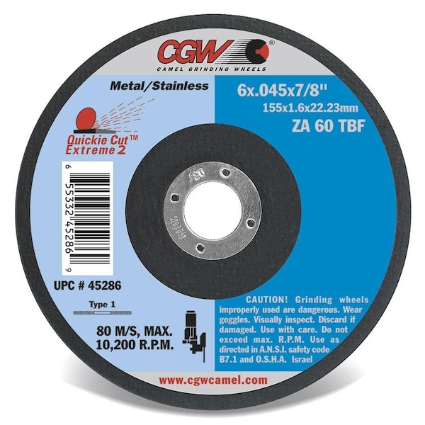 Rueda de centro deprimido plana súper rápida Cgw Abrasives, corte rápido delgado, 4-1/2 pulgadas de diámetro x 0.045 pulgadas de grosor, grano 60, aluminio O - 45152.