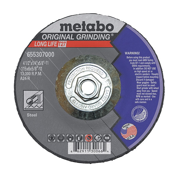 Rueda de rectificado Metabo, T27, A24R, 4.5X1/4"X5/8"-11 - 655307000