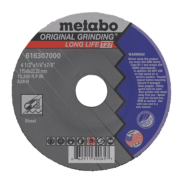 Rueda de rectificado Metabo, T27, A24R, 4.5"X1/4"X7/8" - 616307000