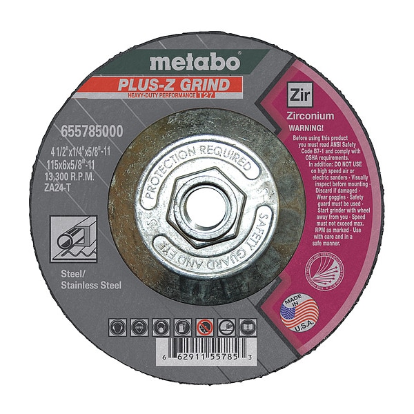 Rueda de esmerilado Metabo, T27, ZA24T, 4.5X1/4X5/8"-11 - 655785000