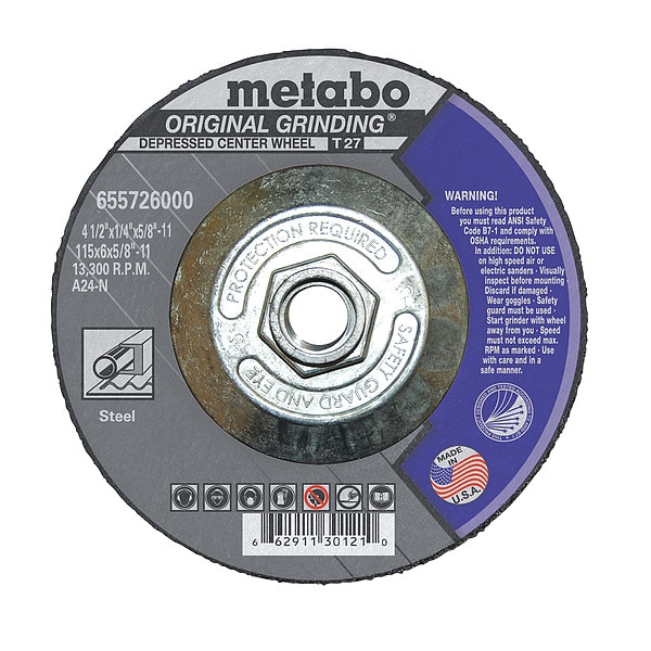 Rueda de esmerilado Metabo, T27, A24N, 4.5X1/4"X5/8"-11 - 655726000